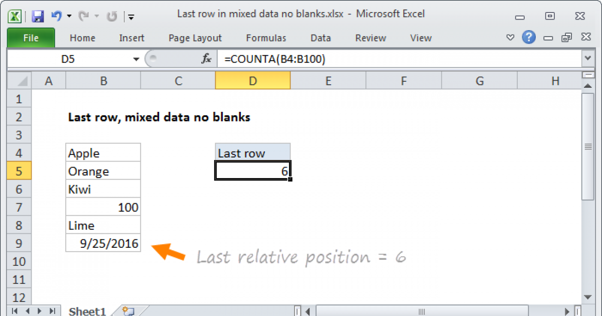 Last row in mixed data with no blanks Excel formula Exceljet